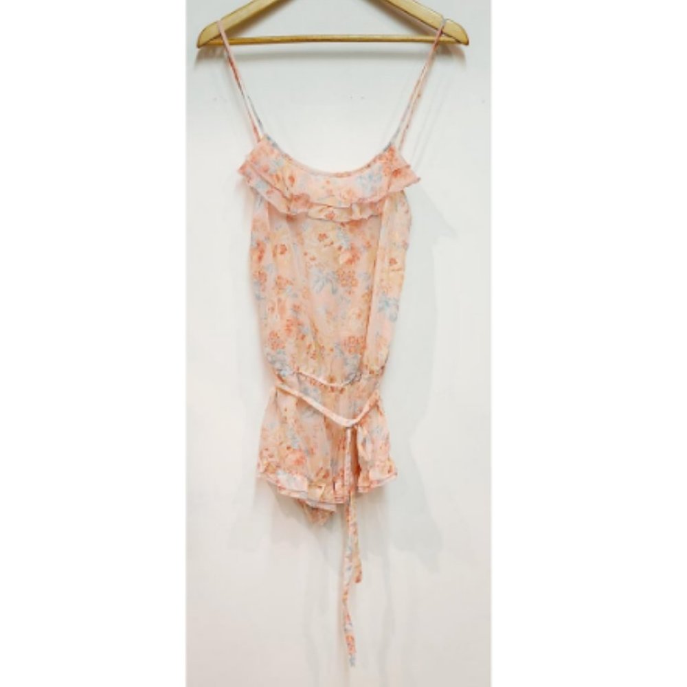 Forever 21 Pink Ruffle Sheer Floral Romper S
